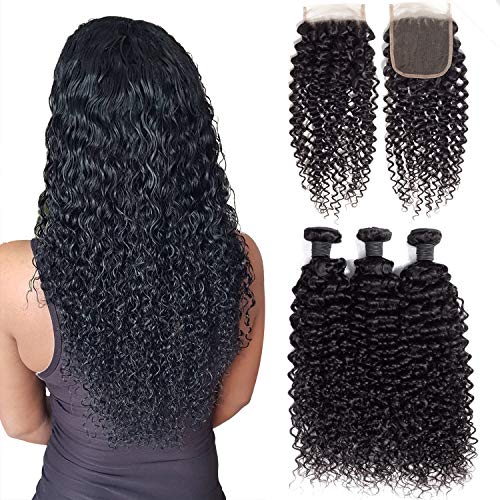 Brazilian Virgin Human Curly Hair 3 Bundles With Closure Jerry Curly Hair Weave Bundles With 4X4 Free Part Closure Natural Black (24/26/28+22, Bundles With Closure)