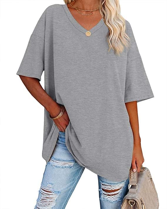 Ebifin Damen Oversize T Shirt mit V-Ausschnitt Kurzärmeliges Casual Lockere Basic Sommer Tee Shirts Bluse.