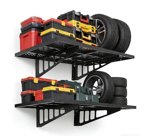 TROPOW Heavy Duty Garage Wall Storage Shelf with 4 Hooks – 2-Pack 20x48 inch Perforated Framed Shelf, 560 lbs Load Capacity, Set for Tool Room, Storage Room, Store Supermarket