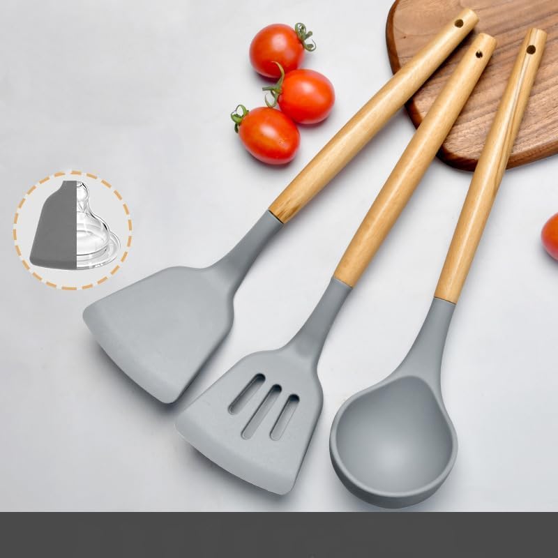 Image of Silicone Spatula Set of 3 - Wooden Handle Kitchen Tools (Red, White,Black,Blue, Green) - Heat Resistant, Non-Stick, Cooking & Mixing Spatulas for Non-Stick Pans (Gray)