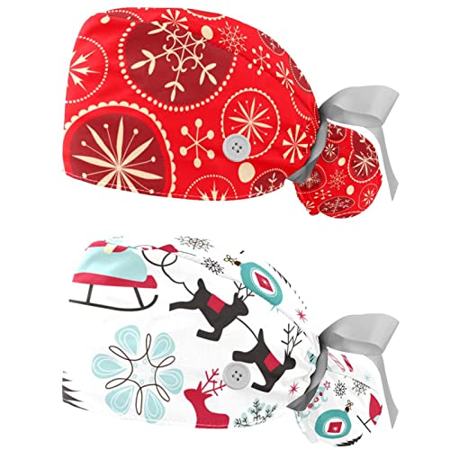 Red Christmas Snowflake Scrub Hats for Women Long Hair, Working Cap with Button & Sweatband, Unisex Tie Back Hats 2 Packs