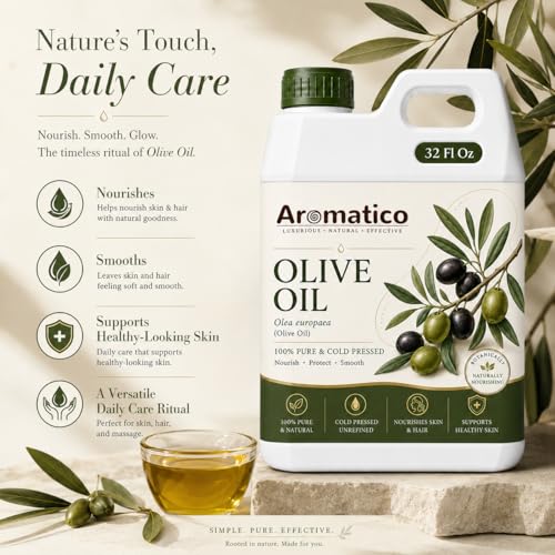 Image of AROMATICO Olive Oil for Skin, Hair and Body Care, Multipurpose Carrier Oil for Massage, Scalp Care, Dry Skin Routine, DIY Beauty and Natural Glow - 946 ml