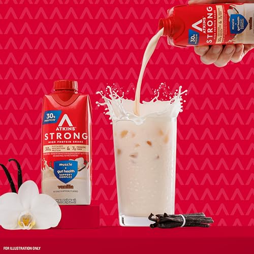 Image of Atkins Strong High Protein Shake,Vanilla Flavored,30g Protein,Low Carb and Low Sugar Shake,Keto Friendly,Gluten Free,Muscle and Gut Health Support Complex,(Pack of 24)