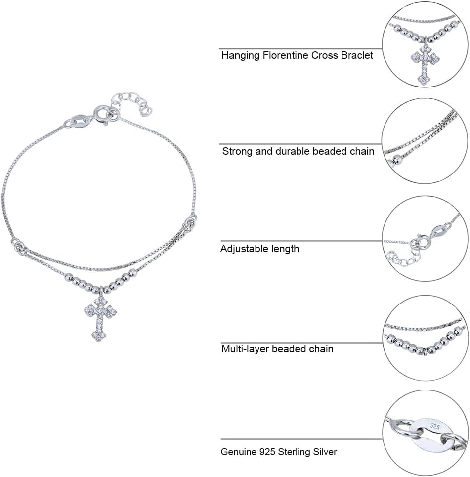 Vanbelle Sterling Silver Jewelry - Rhodium Plated with 925 Stamp - Beaded Chain Bracelet & Hanging Florentine Cross with Cubic Zirconica Stones for Women - 6.5" Long + 1" Extender - Image 5
