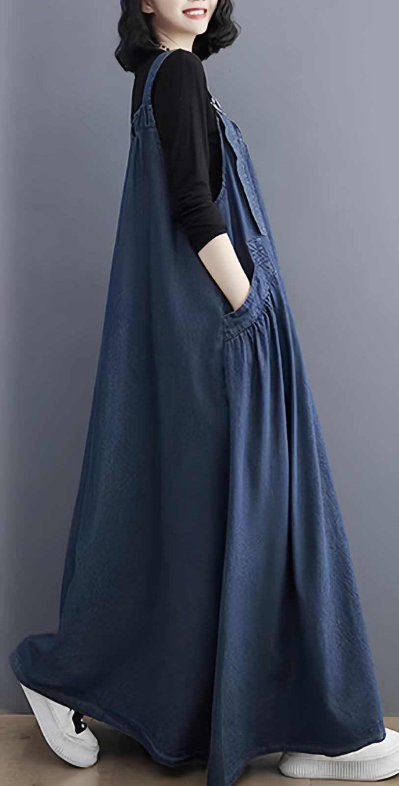Vestido de mezclilla ancho para mujer, longitud máxima, tirantes ajustables, dobladillo ancho