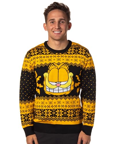 Garfield Men's Big Grin Fair Isle Design Knit Pullover Holiday Ugly Christmas Sweater