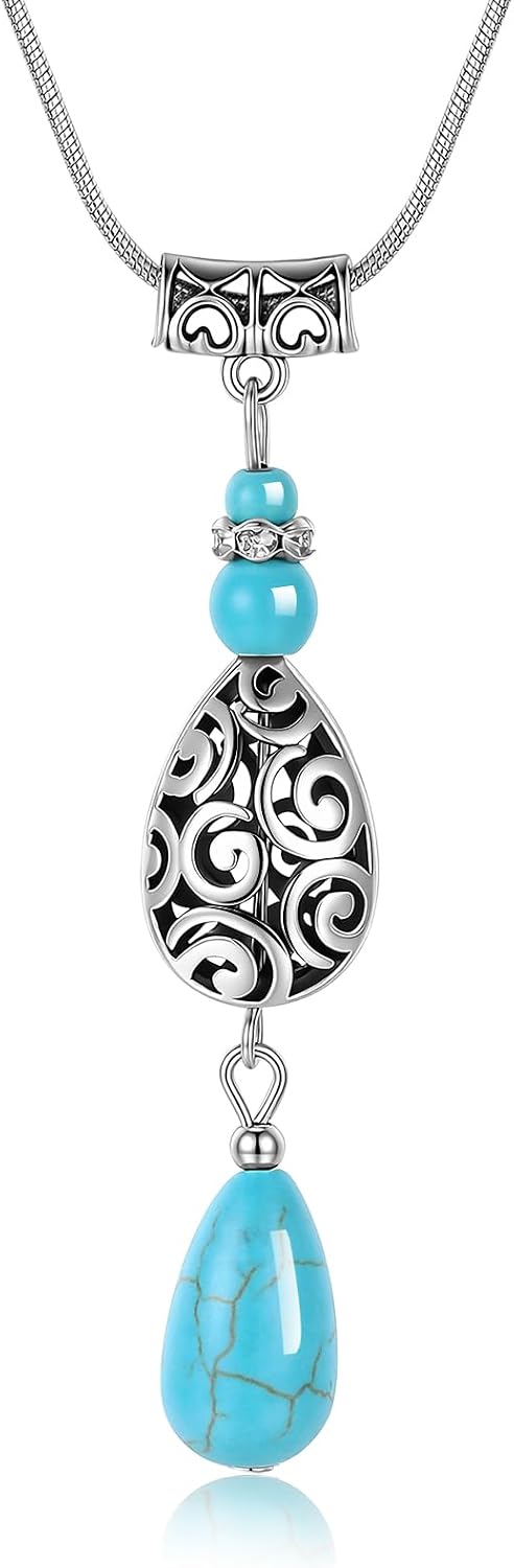 Turquoise Pendant Necklace for Women, Boho Western Teardrop Y Shaped Ball Chain with Nature Beads, Blue Gemstone Birthstone Ethnic Vintage Jewelry