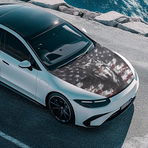 Image of Wolf American Flag Print Car Hood Cover Protector Stretchable Car Hood Wraps Auto Banner Auto Decorative Accessories for Compact Sedans SUV Trucks (59x39 Inch)