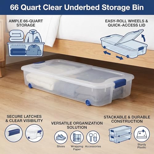 66-Quart-Clear-Underbed-Storage-Bin-with-Wheels-Latching-Lid-Low-Profile-Plastic-Storage-Container-for-Clothes-Shoes-Bedding-Wrapping-Paper-Organizer-Slim-Rolling-Under-Bed-Storage-Box