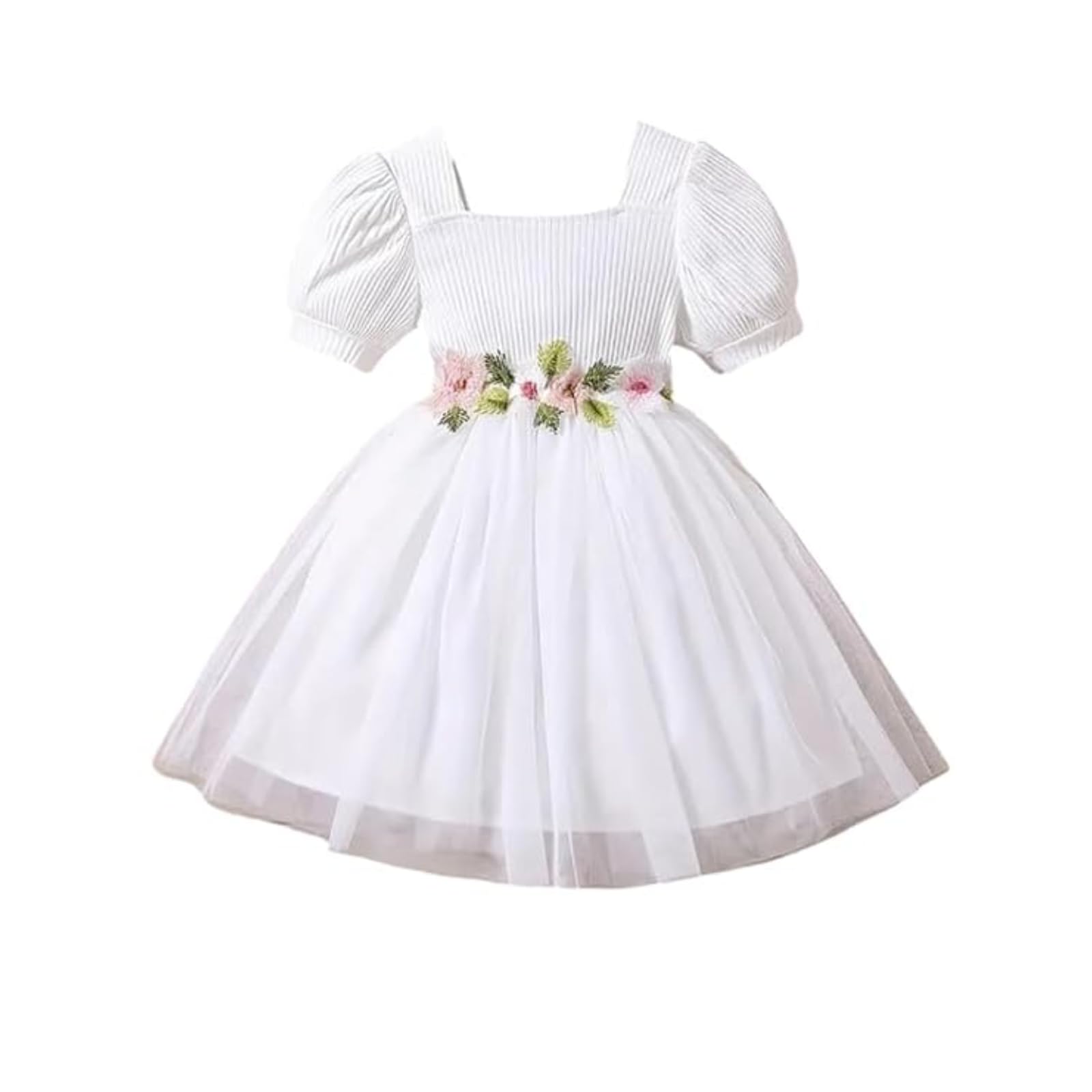 Niren EnterpriseBaby Girl Frock - Short Sleeve Embroidered Floral Dress with Belt, Square Neck, 1-Pack-image-0