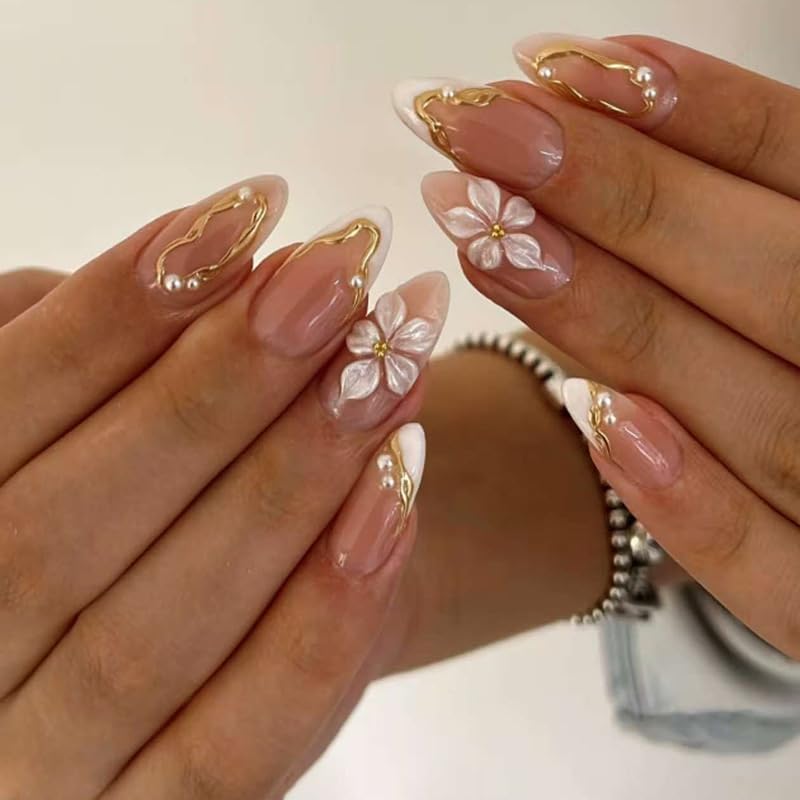 MouyouGlow 30PCS Press on Nails Kurz,Almond Weiß French 3D Blumen Floral Gold Striped Pearl Design Mandel Short Fake Nails,White Tips Flower Summer INS Sweet Künstliche Fingernägel