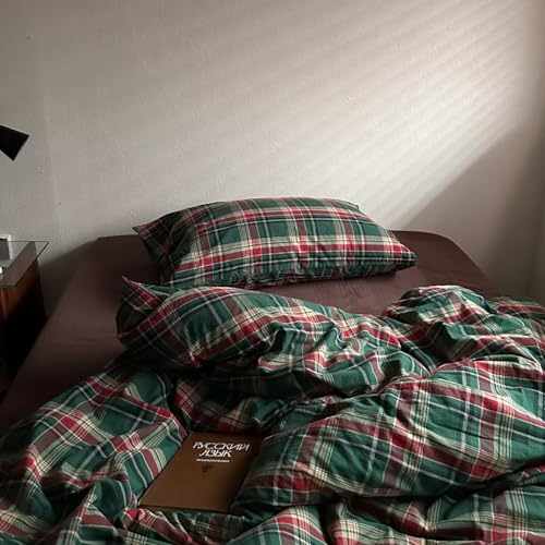 Image of MKXI Vintage Buffalo Plaid Duvet Cover Set 3-Piece | 100% Washed Cotton Reversible Bedding Green /Red Checkered Full Size with Zipper & Corner Ties Farmhouse & Shabby Chic Design