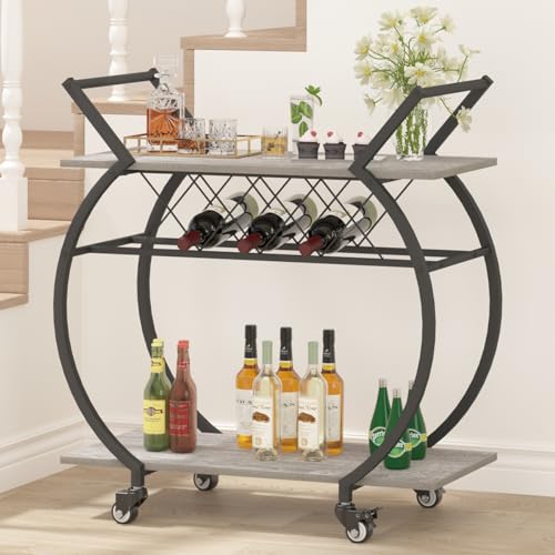 LVB-Bar-Cart-with-Wine-Rack-2-Tier-Farmhouse-Kitchen-Cart-on-Wheels-Modern-Wood-and-Metal-Portable-Coffee-Cart-Table-for-Home-Utility-Industrial-Mobile-Serving-Cart-with-Storage-Shelf-Grey-Oak LVB Bar Cart with Wine Rack 2 Tier Farmhouse Kitchen Cart on Wheels Modern Wood and Metal Portable Coffee Cart Table for Home Utility Industrial Mobile Serving Cart with Storage Shelf Grey Oak