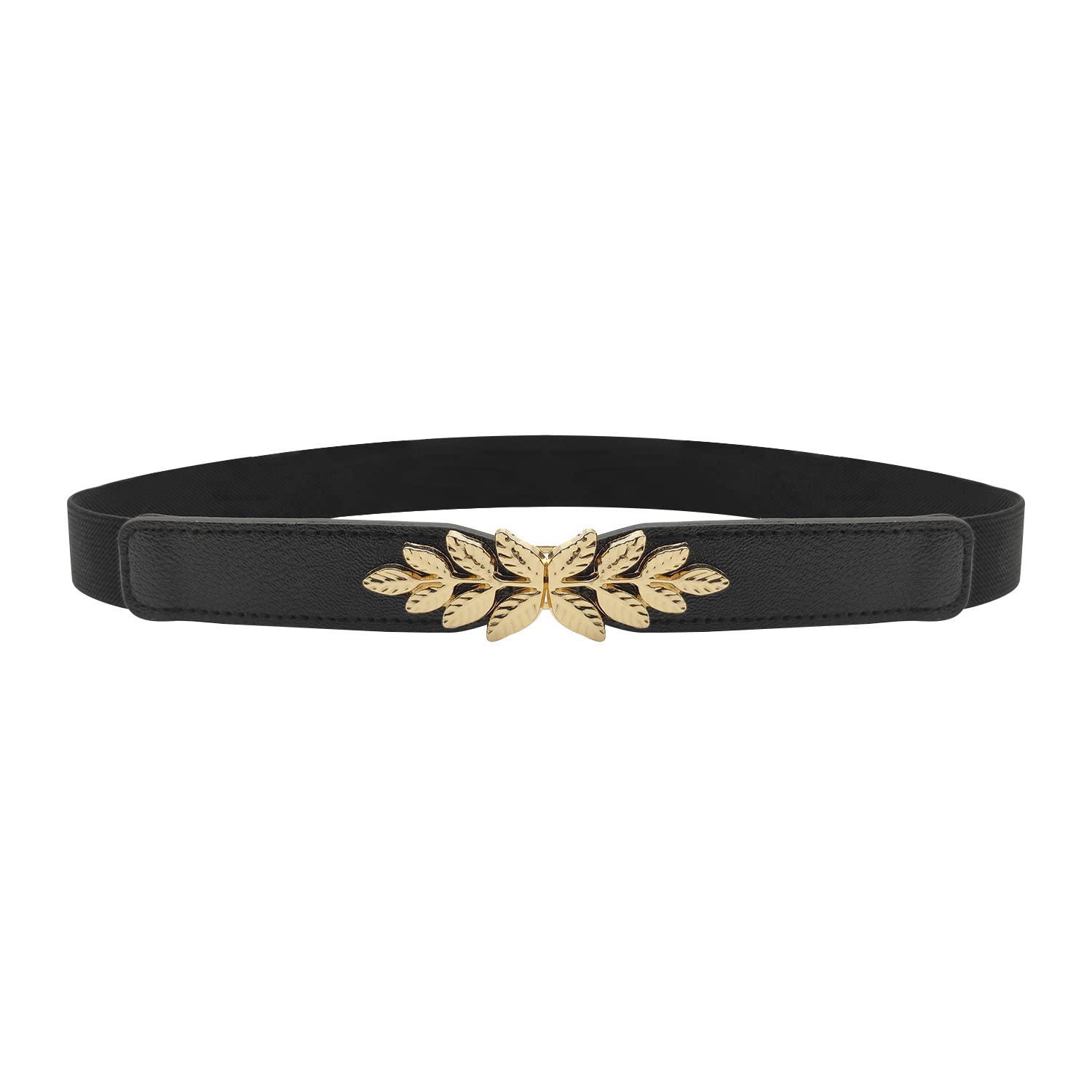 CHEERYMAGICElastic Waist Belt, Vintage Stretch Belt with Gold Leaf Buckle & Clasp, Thin Elastic Belt for Women & Ladies