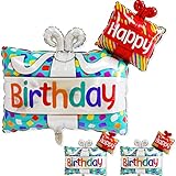 Happy Birthday Balloon, 3 Pcs 36 Inch Printed Happy Birthday Balloons, Thickened Large Happy Birthday Foil Mylar Balloon for Birthday Party Baby Shower Decorations Supplies (Gift Box Shape)