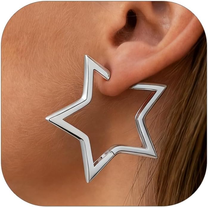 FaithHeart Star Hoop Earrings for Women Hypoallergenic, Silver/Black/14K Gold Plated Hoop Earrings for Women Hypoallergenic Lightweight Star Earring Fashion Cute Jewelry, 20/30/40/50/60mm