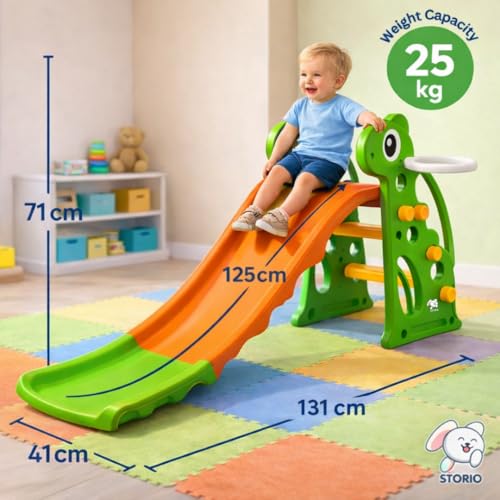 Image of Storio Giraffe Slide for Kids with Basketball Hoop | Indoor Outdoor Toddler Climber Playset for 2+ Years | Safe & Sturdy Plastic Garden Slide Toy for Boys & Girls - Green Orange
