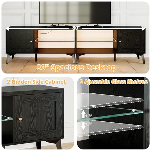 Image of LIKIMIO 2-in-1 TV Stand for 85 Inch TV, Black TV Consoles with LED Lights | 2 Storage Cabinets & Adjustable Glass Shelves, with Charging Station, TV Table for Living Room & Bedroom