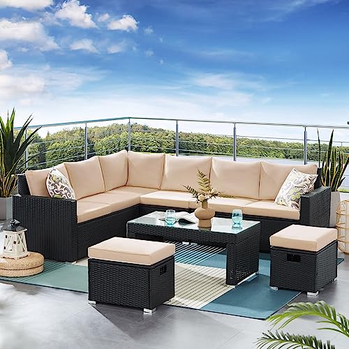 Emkk 6-Piece Outdoor Patio Sectional Sofa Couch, Pe Wicker Furniture Conversation Sets With Washable Cushions & Coffee Table For Garden, Poolside, Backyard, Dark Brown Ajy #TOP7