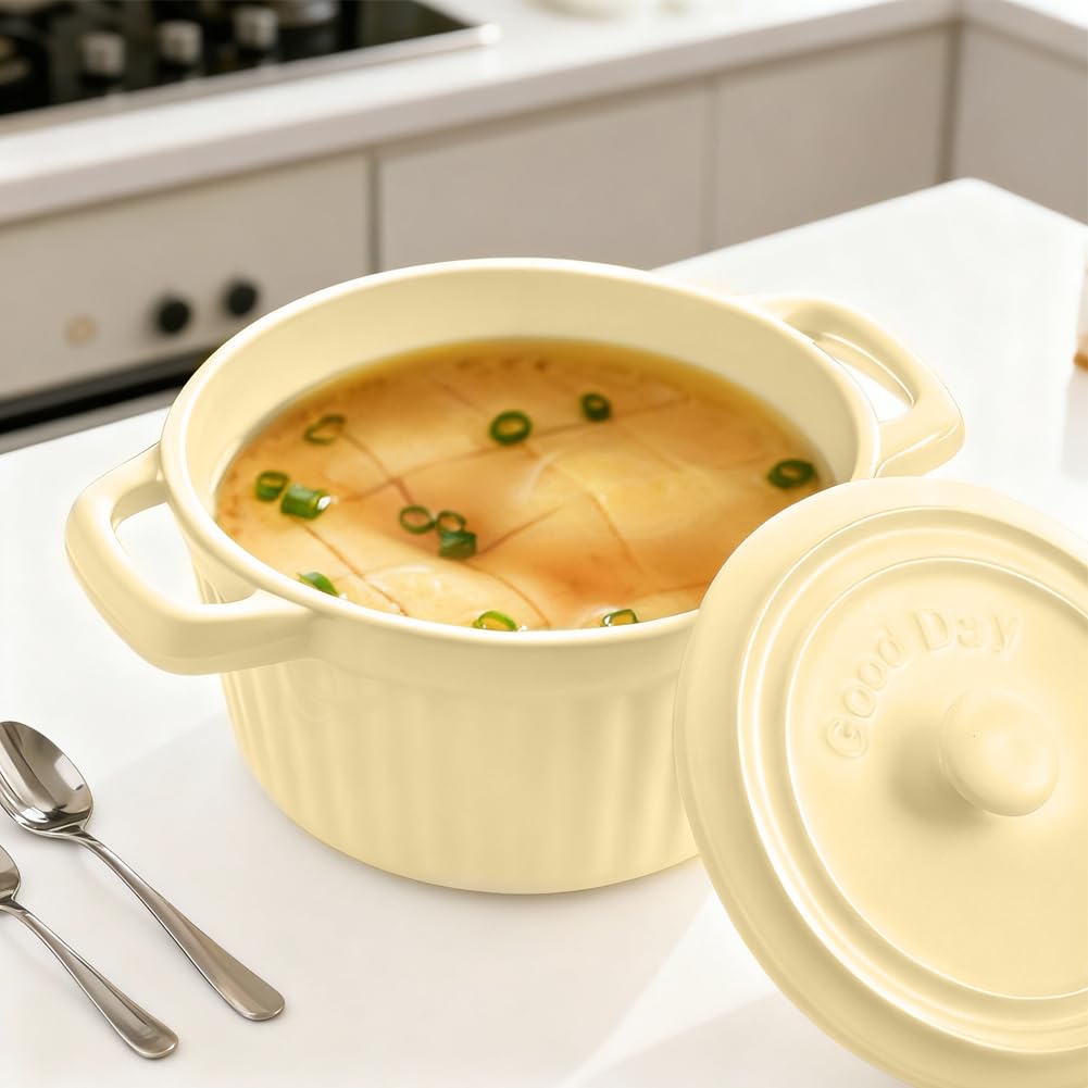 Mini Cocotte con tapa, cazuela pequeña de porcelana con asas, pequeños moldes de cerámica, cazuela pequeña para lasaña, soufflé, horno, microondas, lavavajillas (beige-L-2 unidades)