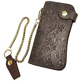 Le'aokuu Mens Genuine Leather Bifold Wallet Organizer Checkbook Iron Chain (Brown Dragon)