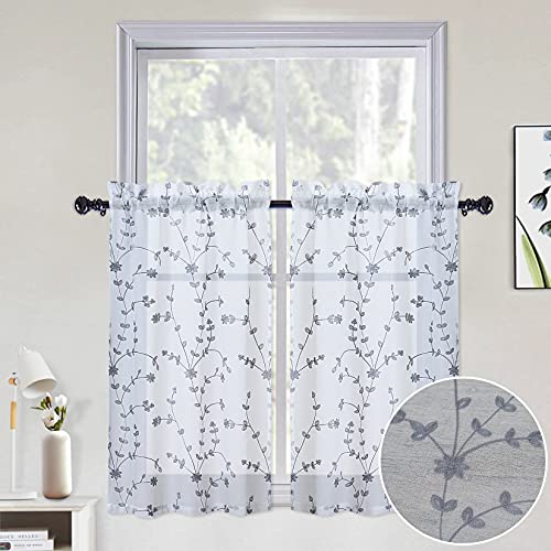 CAROMIO Cortina de Gasa Corta Cortinas Bordadas Bufanda de Ventana Cortina de Cocina Cortinas Semitransparentes En Pares para Ventanas Pequeñas Cortina de Gasa, 66*91cm, Gris Cover