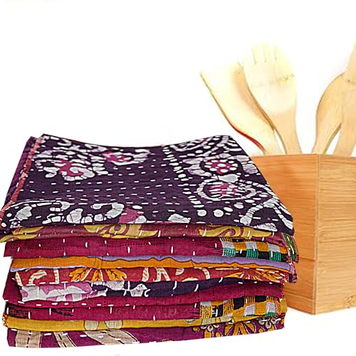 Wholesale Lot of Indian Vintage Kantha Kitchen Towels Table Decor 100% Cotton Handmade 16X16 Inch Peinted Home Decor Bohemian Kantha Napkins (10)