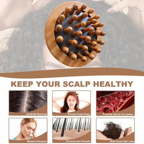 Image of Scalp Massager Brush with Wooden Nodes - Head Massage Tool for Hair Growth, Dandruff Relief, Stress Relaxation & Blood Circulation | Manual Portable Head Massager for Men & Women (Brown-Round)