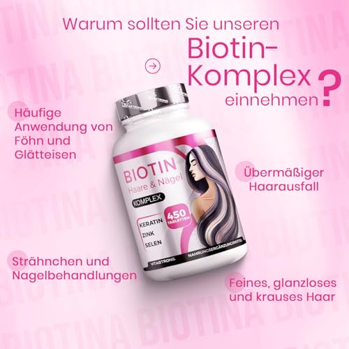 Biotin Hochdosiert Vitastrong mit Selen Zink, Keratin, Kupfer, Bambus, Vitamine für Haare, 450 Tabletten (15 Monate) Biotin Komplex Premium Ohne GVO, Bio Haare, Haut und Nägel mit Selen Hochdosiert