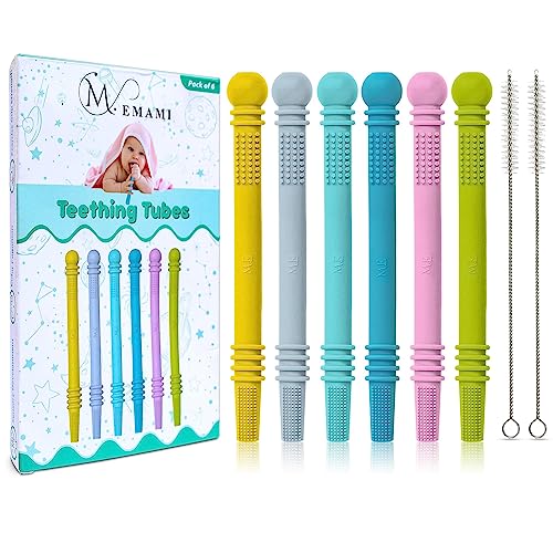 M. Emami Baby Teething Toy - Pack of 6 Hollow Teething Sticks with 2 Cleaning Brushes - 100% Food Grade Silicone, BPA Free, and Dishwasher Safe - 6 Vibrant Colors for 6-18 Months Babies