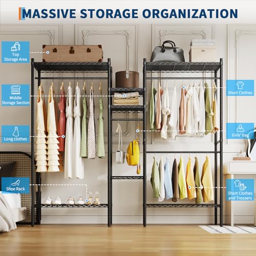 Heavy Duty Clothes Rack, Clothing Racks for Hanging Clothes, Freestanding Garment Racks with Shelves, Adjustable Closet Racks, 73.6" L x 17.3" W x 76.4" H, Max Load 1000LBS, Black - image 5