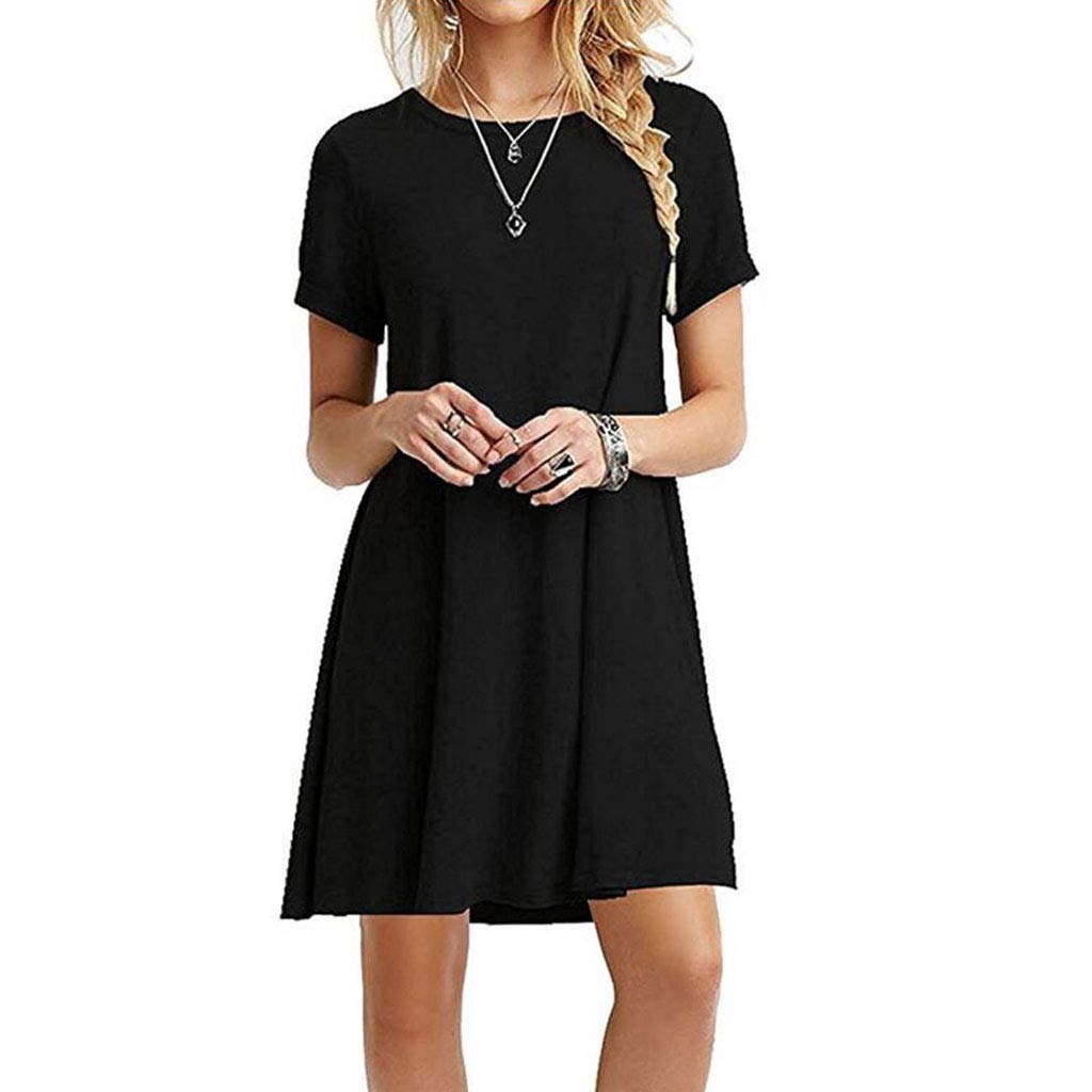Kcibyvx Damen-Sommerkleid, Übergröße, kurze Ärmel, Midi-Swing-T-Shirt-Kleid, einfarbig, Rundhalsausschnitt, lockerer Pullover, Tunika-Oberteil