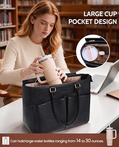 Image of Laptop Tote Bag for Women, Leather Work Tote with Padded Laptop Compartment, Cup Holder, Office Computer Briefcase