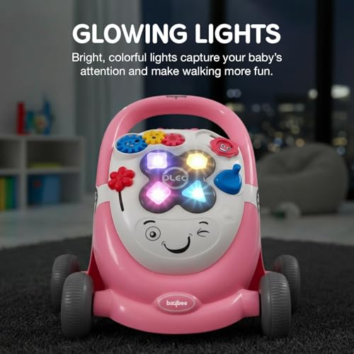 Image of Baybee Oleo Baby Walker for 6-18 Months | Activity Push Walker with Music & LED Lights | Stable Wheels, Easy Grip Handle | Educational Walker for Boys & Girls 0-2 Years (Lite Pink)