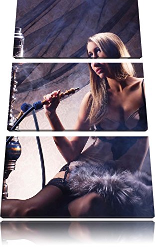Pixxprint Schöne Frau mit Shisha als Leinwandbild | Größe: 3 Teilig (120x80) | Wandbild| Kunstdruck | fertig bespannt