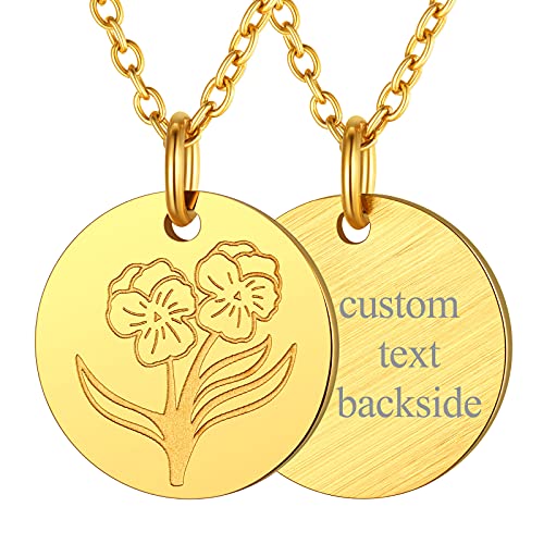 FindChic Birth Flower Disc Necklaces for Women with Birthstone Stainless Steel/Gold Plated/Sterling Silver Jan. to Dec. Guardian Month Floral Pendant Custom Engraved Dainty Jewelry + Gift Bo