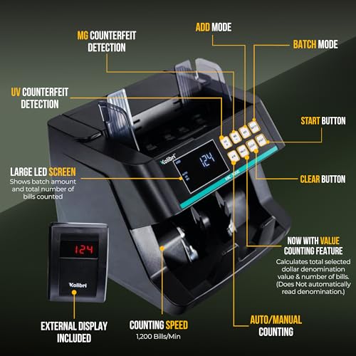 Image of KOLIBRI Money Counter Machine I LCD Display I Business Grade I Advanced UV /MG /IR /DD /HLF Detection I Single Denomination (USD) I 1,200 Notes /Min I 1-Year Warranty I KBC-3000