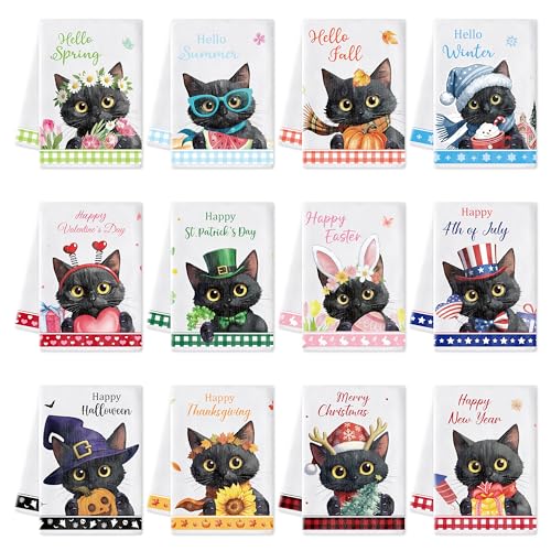 WATINC Seasonal Kitchen Hand Towels - 12pcs Dish Tea Towel Set for Home Kitchen Bathroom Holiday Decorative Wash Cloth Dishcloth for Fall Halloween Thanksgiving Decor Gift (Cat Style)