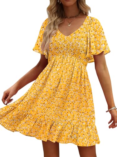 Image of UEAL Womens Cute Floral Smocked V Neck Flutter Sleeve Sundress with Pockets Casual Spring Summer Dresses for Women 2026