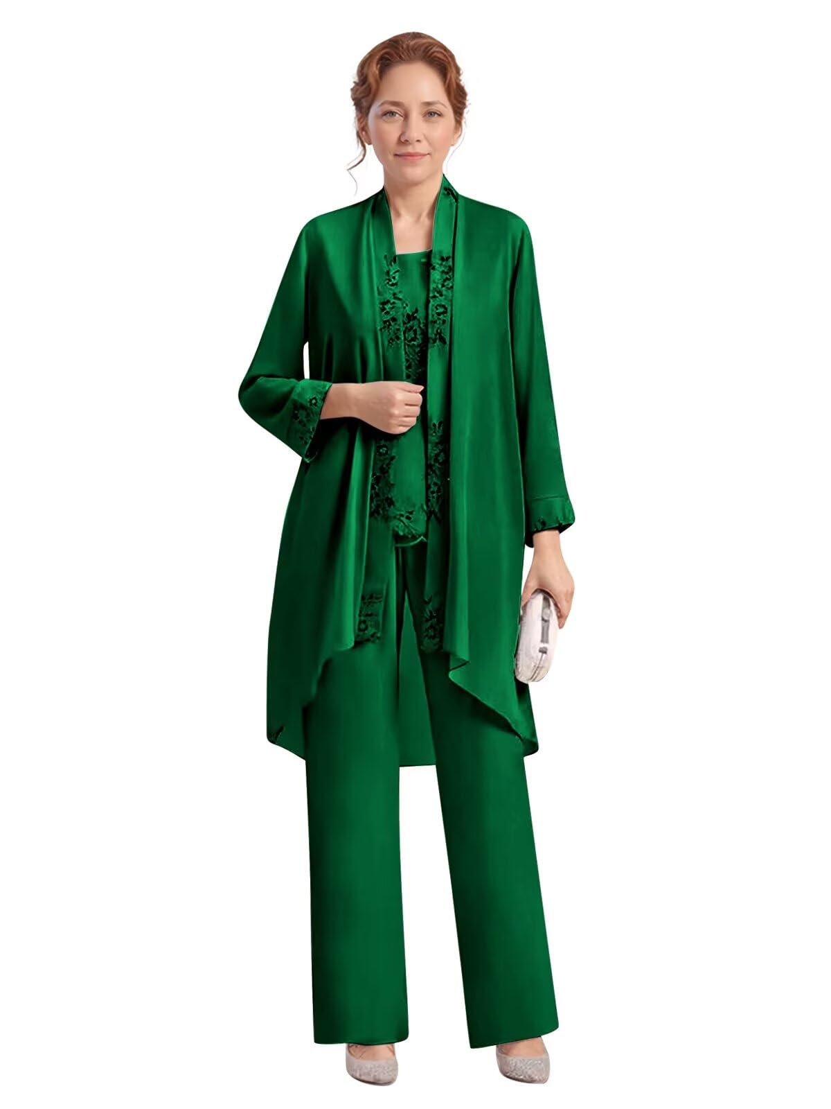 Womens Chiffon Mother of The Bride Pant Suits 3 Pieces Lace Appliques Long Sleeve Dressy Formal Outfit with