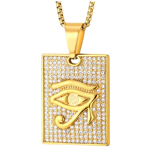 Collier homme acier inoxydable doré pendentif œil d'Horus et tag strass