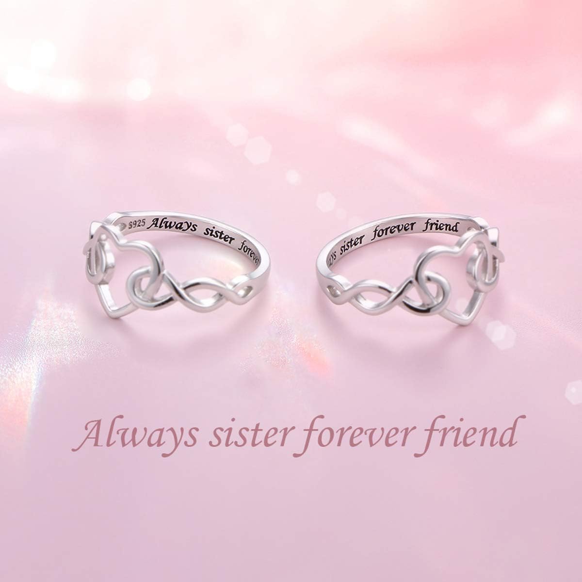 Sisters Rings, 925 Sterling Silver Always My Sister Forever My Friend Infinity Heart Sister Love Knot Ring Gift for Women Sisters Siblings, Size 5-9