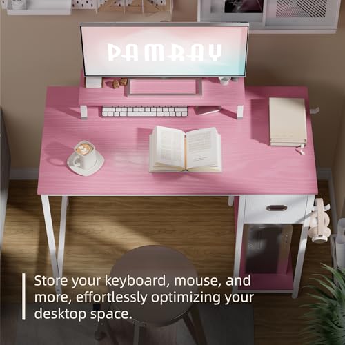 Image of Pamray 39 Inch Computer Desk with Monitor Stand Small Home Office Desks with Non-Woven Storage Drawer for Bedroom Study Table Writing and Work Desk Pink