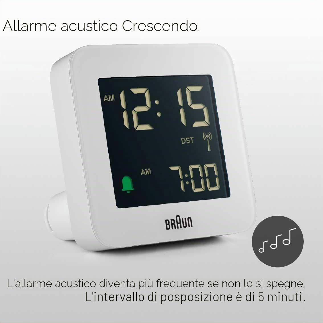 Braun Orologio Sveglia Digitale Radio controllato Fuso Orario Europa Centrale (DCF) con Funzione Snooze, Display LCD, Funzione Quick Set, Suono Sveglia Beep con crescendo, Bianco, BC09W-DCF.