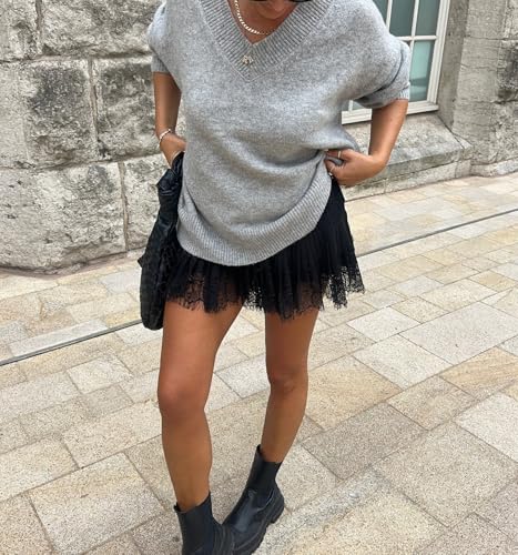 Image of Women Y2k Lace Mini Skirt Ruffle Layered Flowy Half Slip Skirts Underskirt | Y2K Low Rise Floral Lace Trim Slip Skirt Dress Extender Frilly Pleated Tiered Satin Short Skirt Sheer Underneath Under Dress