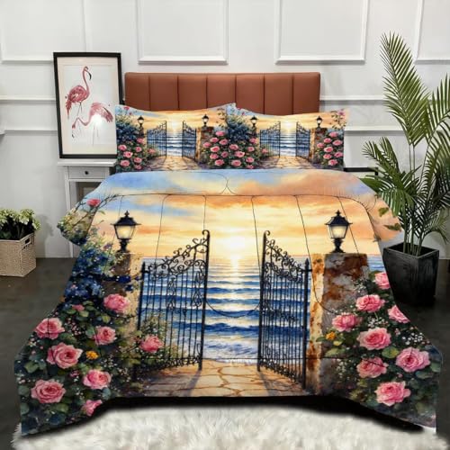 Fotmung Set de Edredón 3 Piezas Flores 3D En El Mar, Edredón 200x200 cm con 2 Fundas de Almohada (50x75 cm), Tela de Microfibra Ultra-Soft, Relleno de Algodón, Adecuado para 4 Estaciones-A34