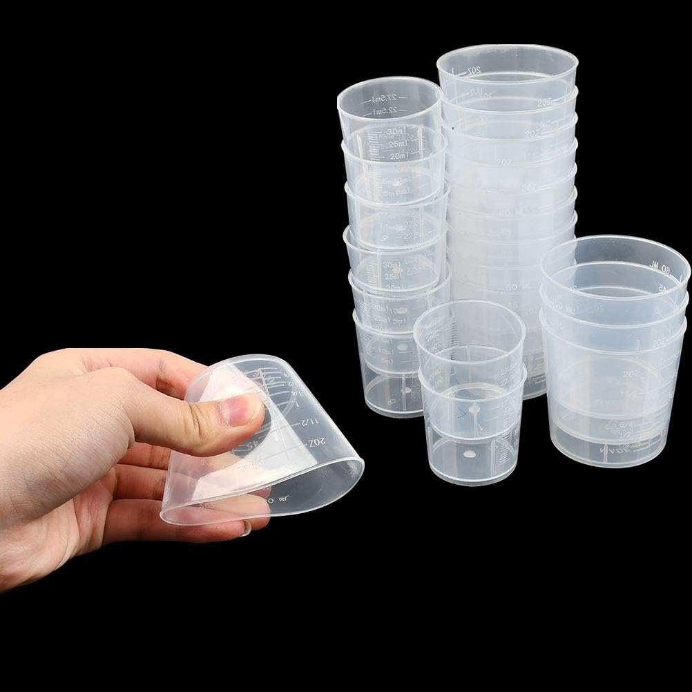 OFNMY 100 Pack 30ml and 60ml Plastic Graduated Cups Clear Measuring Cups with 100 Pack Wood Stir Sticks for Mixing Paint, Stain, Epoxy, Resin