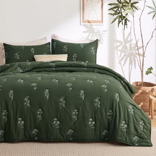 Image of Bedsure Botanical Floral Quilt King Size for Modern Farmhouse Decor, Luxurious Summer Bedding Set, Super Soft Bedspread King Size, Lightweight Comforter with 2 Pillow Shams, Olive Green, 106x96 Inch