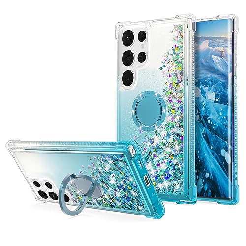 Coque Galaxy S23 Ultra en TPU bleu ciel avec anneau rotatif et béquille de protection