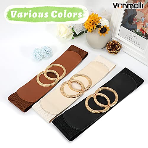 Vonmelli 3 Pack Women Wide Elastic Waist Belt Vintage Stretchy Waistband With Retro Double O-Ring Buckle For Dresses Black+Brown+Beige L #TOP4
